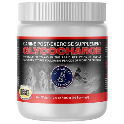 Front view of a white jar with red and black label for Annamaet Glycocharge canine supplement, net weight 300g.