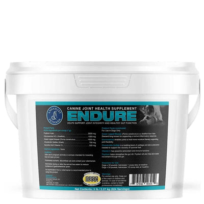 White plastic container of Annamaet Pet Foods Endure canine joint health supplement, 5 lb size, front view, packaged product