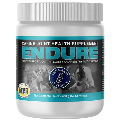 Front view of a white jar with a blue label for Annamaet Endure canine joint health supplement, 400 g.