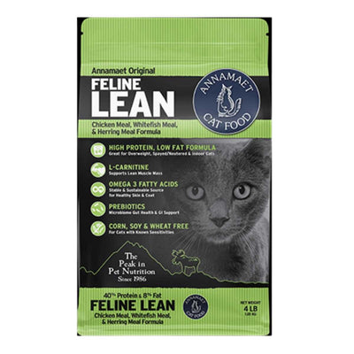 Front view of a green and black packaged Annamaet Feline Lean cat food bag with a gray cat image and text details.