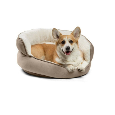 A corgi dog rests in a beige and cream-colored pet bed, front view.