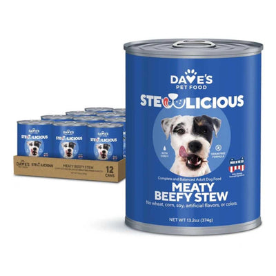 A blue can of Dave's Pet Food Steolicious Meaty Beefy Stew, 13.2oz, with a dog image on front.