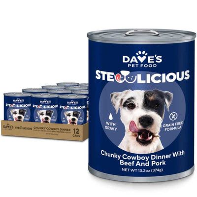 Packaged product: Dave's Stewlicious Chunky Cowboy Dinner with Beef and Pork 12 cans of 13.2oz each in blue packaging