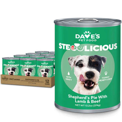 Packaged product: Dave's Stewlicious Shepherd's Pie with Lamb & Beef, 13.2oz green can with dog image