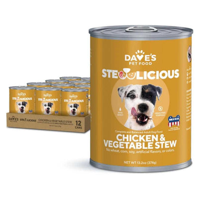 Packaged product: Dave's Pet Food Steolicious Chicken & Vegetable Stew in a 13.2oz can with a dog image on the front.