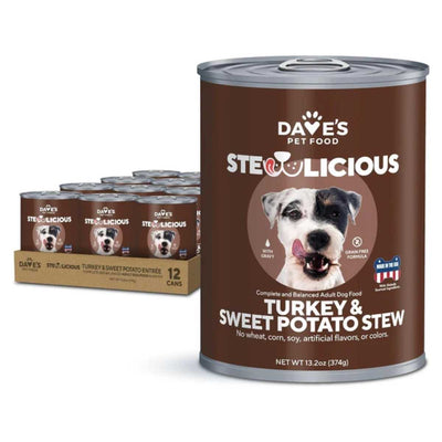 Packaged product: Dave's Pet Food Steolicious Turkey & Sweet Potato Stew in brown can with dog image