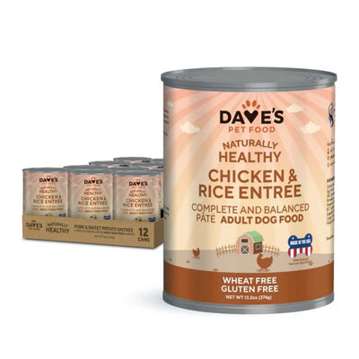 Front view of a Dave's Pet Food can with Chicken & Rice Entree, wheat free, gluten free, 13.2oz.