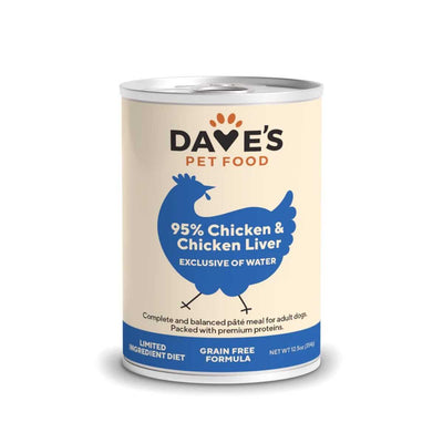 Front view of a Dave's Pet Food can with blue chicken silhouette, 95% Chicken & Chicken Liver flavor, 12.5 oz size.