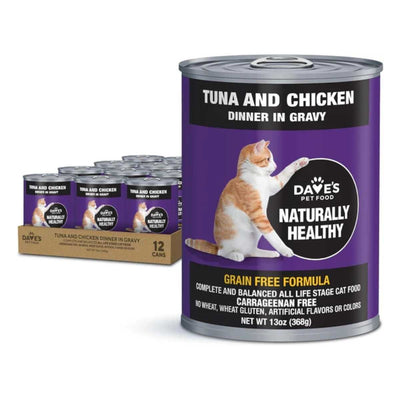 A purple can of Dave's Pet Food Tuna and Chicken Dinner in Gravy, 13 oz, showing a cat on the front.