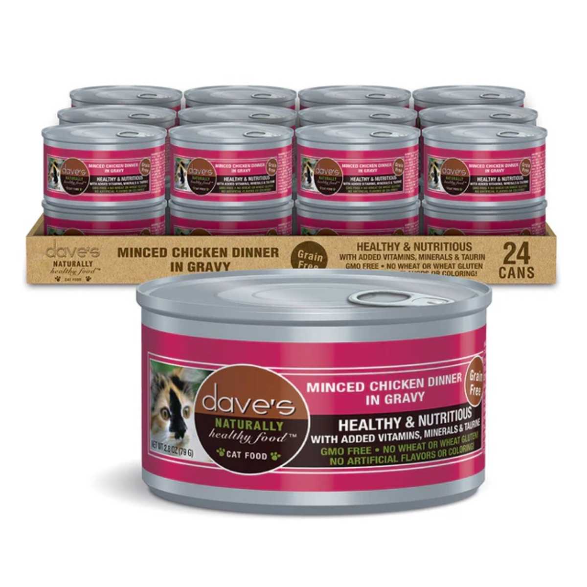 Dave's Pet Food Cat Naturally Healthy Minced Chicken Dinner in Gravy-24/2.8 oz Cans