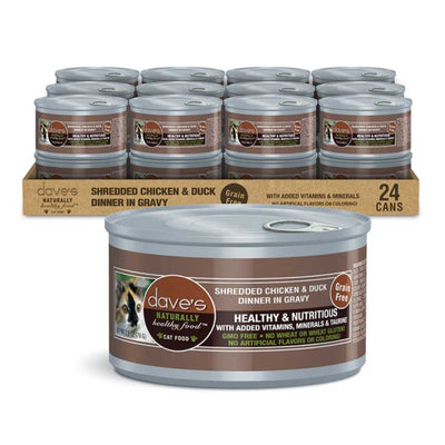Packaged product: Dave's Naturally Healthy Shredded Chicken & Duck Dinner in Gravy cat food cans, front view, brown label with silver top.