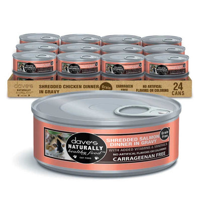 Packaged product: A single can of Dave's Naturally Healthy Shredded Salmon Dinner in Gravy cat food, 5.5 oz, orange label with black text.