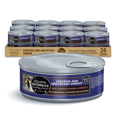 Packaged product: a close-up of a Dave's Naturally Healthy Chicken and Whitefish Dinner cat food can with 24 cans in the background.