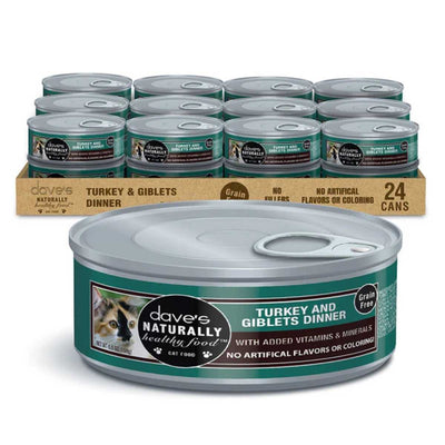 Packaged product: A single can of Dave's Naturally Healthy Turkey & Giblets Dinner cat food, 5.5 oz, green label with cat image.