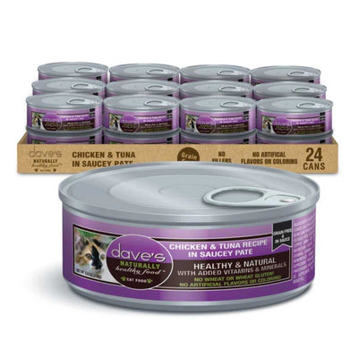 Packaged product: a single can of Dave's Chicken & Tuna Recipe in Saucey Pate cat food with purple label.