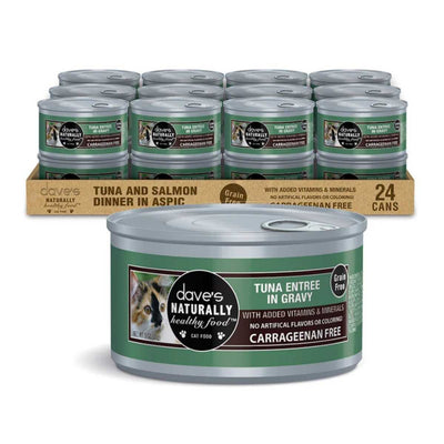 Packaged product: Dave's Naturally Healthy Tuna Entree in Gravy cat food cans, front view, green label, 3 oz size.