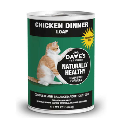Front view of a Dave's Pet Food can with green label, chicken dinner loaf, economy size, and cat image.