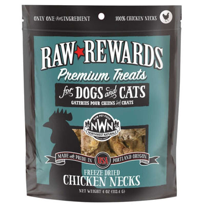 Front view of a packaged product labeled Raw Rewards Premium Treats for Dogs and Cats with freeze dried chicken necks.