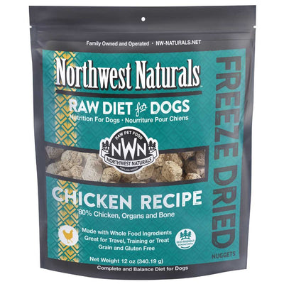 Front view of Northwest Naturals Freeze Dried Chicken Recipe dog food in a black and teal package.