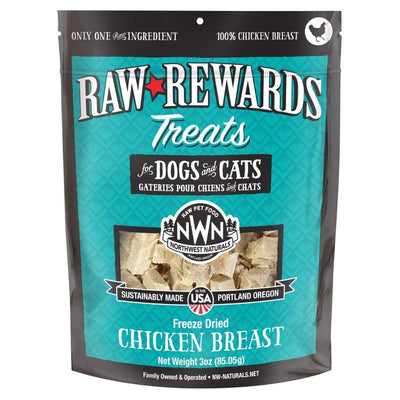 Front view of a packaged product: Northwest Naturals Raw Rewards Treats freeze dried chicken breast for dogs and cats, 3 oz.