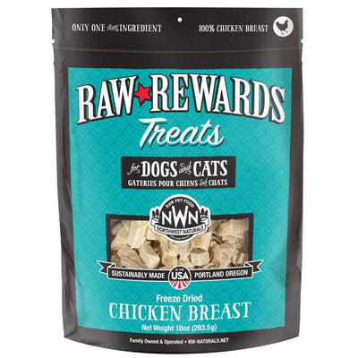 Front view of a packaged product: Northwest Naturals Raw Rewards Treats freeze dried chicken breast treats in a black and teal bag.