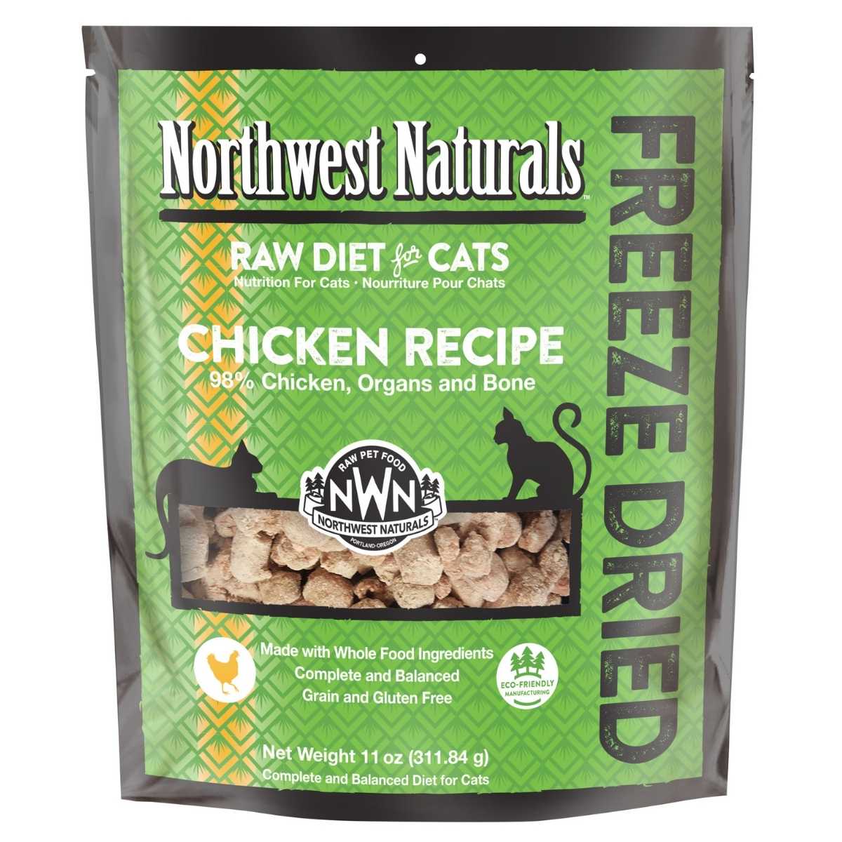 Front view of a Northwest Naturals Freeze Dried Chicken Recipe cat food bag, green and black packaging with a window showing the product.