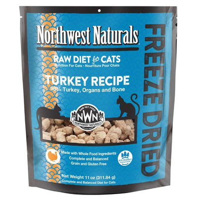Front view of Northwest Naturals Freeze Dried Turkey Recipe cat food bag, 11 oz, blue and orange packaging