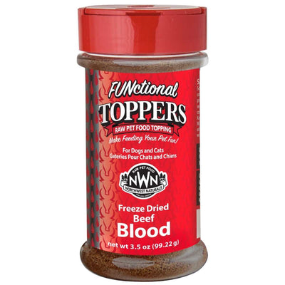 Front view of a red-capped bottle labeled Northwest Naturals Functional Topper Freeze Dried Beef Blood 3.5 oz