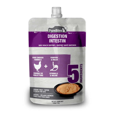 Front view of a PureBites cat food pouch labeled Digestion Intestin with purple and white design