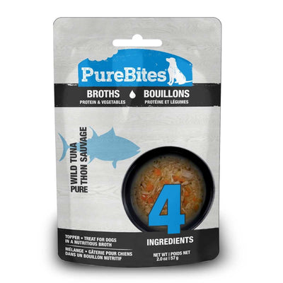 Front view of PureBites dog broth pouch with wild tuna flavor, showing a large blue number 4 and a fish illustration.