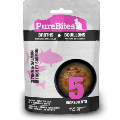 Front view of a PureBites cat food pouch showing Tuna & Salmon flavor with a large pink number 5 on the package.