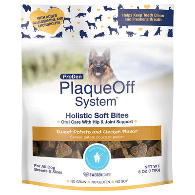 Front view of a packaged dog treat bag labeled ProDen PlaqueOff System Holistic Soft Bites Sweet Potato and Chicken Flavor 6 oz