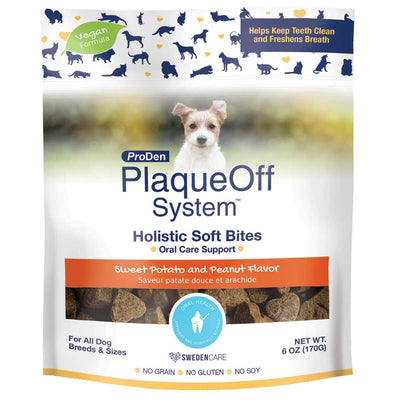 Front view of a ProDen PlaqueOff System Holistic Soft Bites package with Sweet Potato and Peanut Flavor, 6 oz.