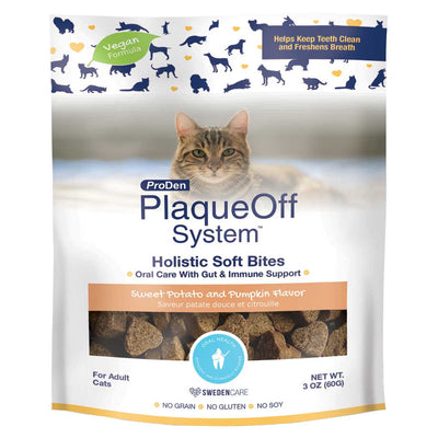 Front view of a packaged ProDen PlaqueOff System Holistic Soft Bites cat treat bag with Sweet Potato and Pumpkin flavor, 3 oz size.