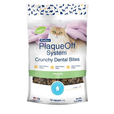 Front view of ProDen PlaqueOff System Crunchy Dental Bites Veggie flavor cat treats in a 3 oz package.
