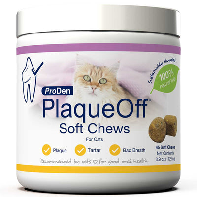 Front view of a ProDen PlaqueOff Soft Chews for cats jar with 45 chews.