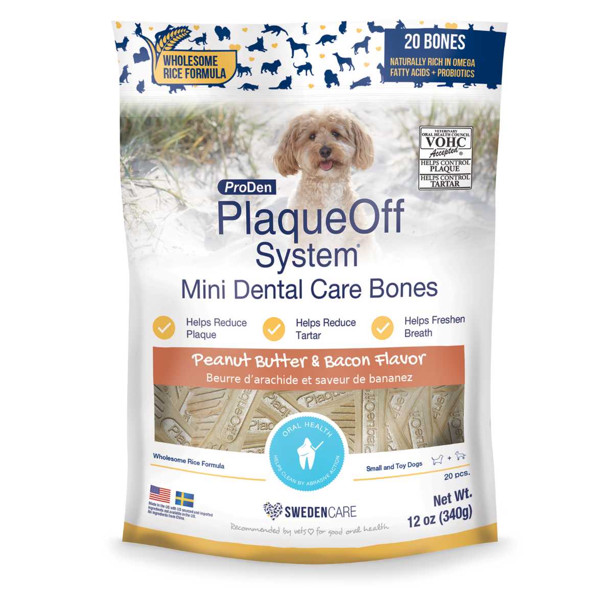 PlaqueOff Mini Dental Bones Peanut Butter & Bacon-12oz Bag