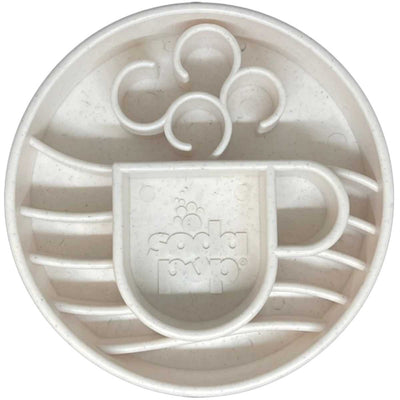 Close-up of a white plastic bowl with a cup-shaped section and three circular cutouts, featuring a 'Soda Pup' logo.