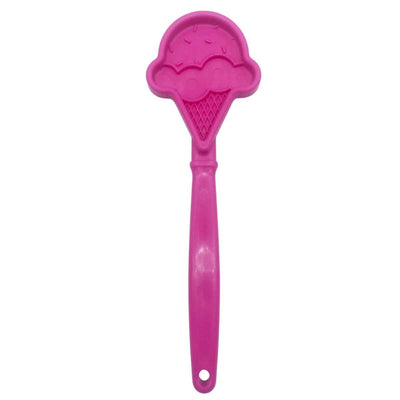 Pink plastic ice cream cone-shaped lick stick with a handle and a hole at the end, front view close-up