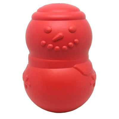 Red plastic snowman-shaped dispenser with a smiling face and scarf, front view close-up
