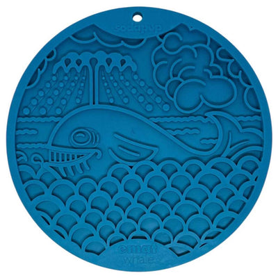 Blue circular Soda Pup nylon enrichment toy with whale design and suction cups, front view close-up