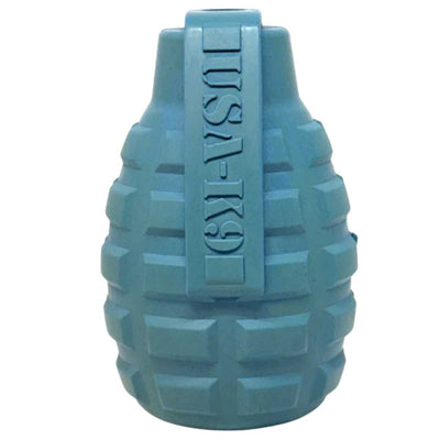 Close-up of a blue plastic toy grenade labeled 'USA-K9' with textured surface.