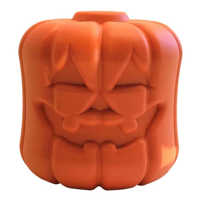 Close-up of a large orange Soda Pup MKB Jack O' Lantern with a carved pumpkin face.