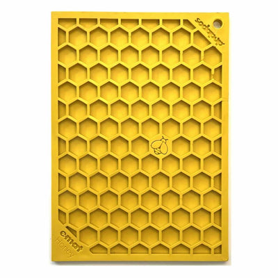Yellow honey-themed silicone mat with hexagonal pattern, bee logo, and 'Sodapup' brand name on top right.