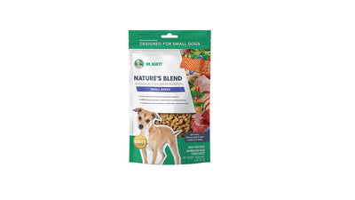 Front view of Dr. Marty's Nature's Blend small breed dog food package, 6 oz, green and white with dog image