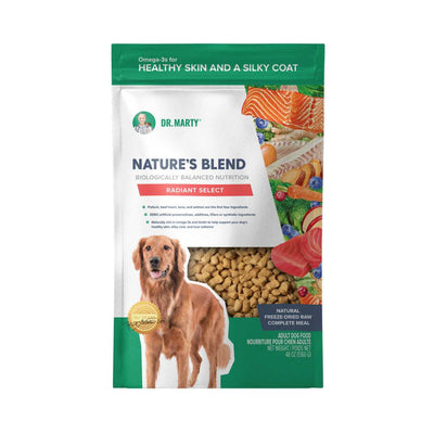Front view of Dr. Marty's Nature's Blend Radiant Select freeze-dried raw dog food bag, 48 oz, green and white packaging.
