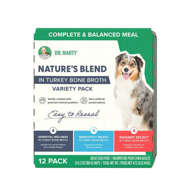 Front view of Dr. Marty Nature's Blend wet dog food variety pack in turkey bone broth, 12-pack.