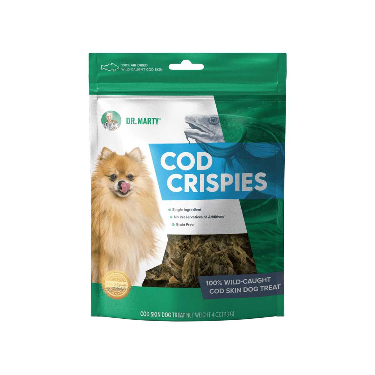 Dr. Marty Cod Crispies-100% Air-Dried Wild-Caught Cod Skin Treats- 4 oz Bag