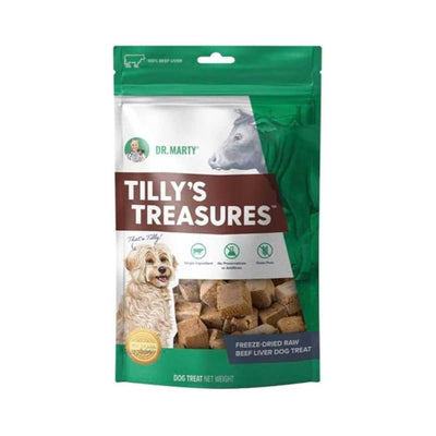 Front view of a green and white packaged dog treat bag labeled Tilly's Treasures with a dog image.