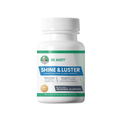 Front view of a white bottle with green and blue labels for Dr. Marty Shine & Luster canine allergy support tablets.